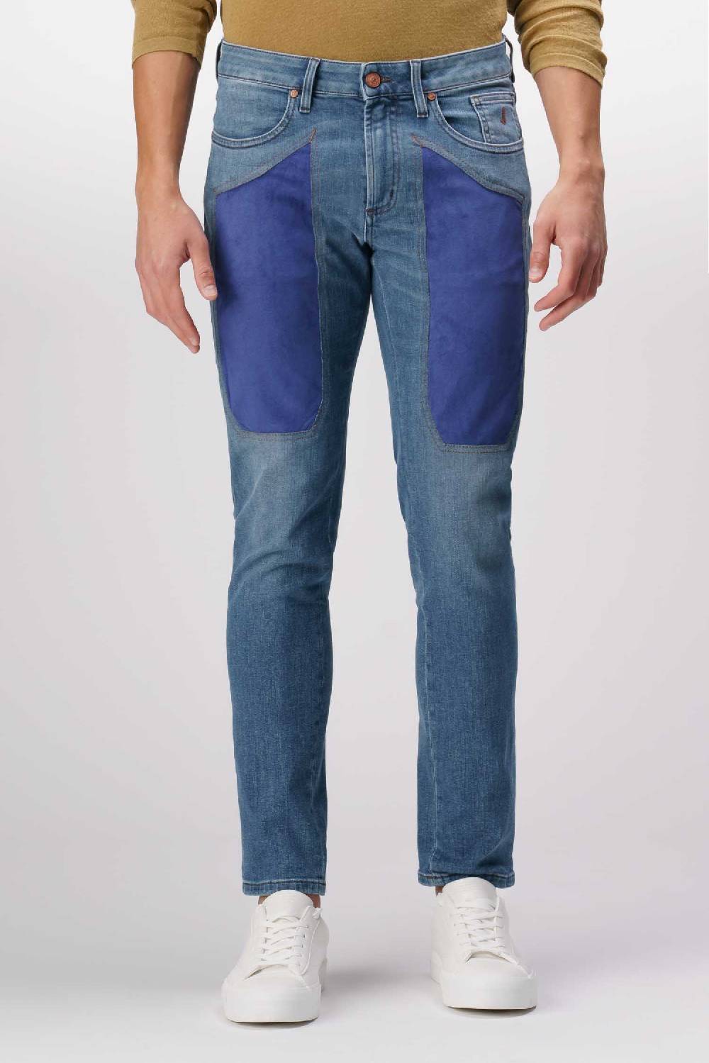 Jeckerson James - Pantalone 5 tasche con toppa in comfort denim blu medio Nuovo
