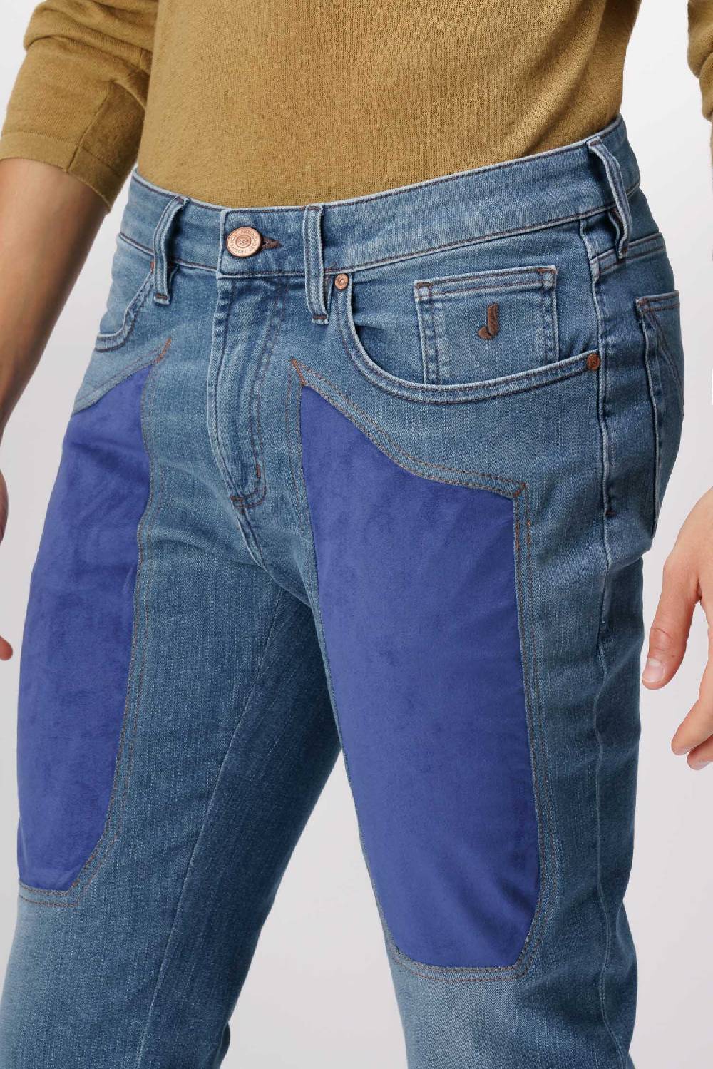 Jeckerson James - Pantalone 5 tasche con toppa in comfort denim blu medio Nuovo