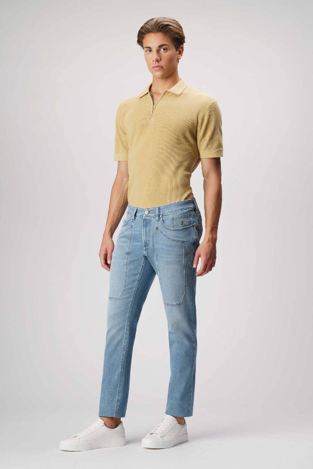 Jeckerson John - Pantalone con toppa in denim tri-blend blu medio chiaro no rotture Affare Del Giorno