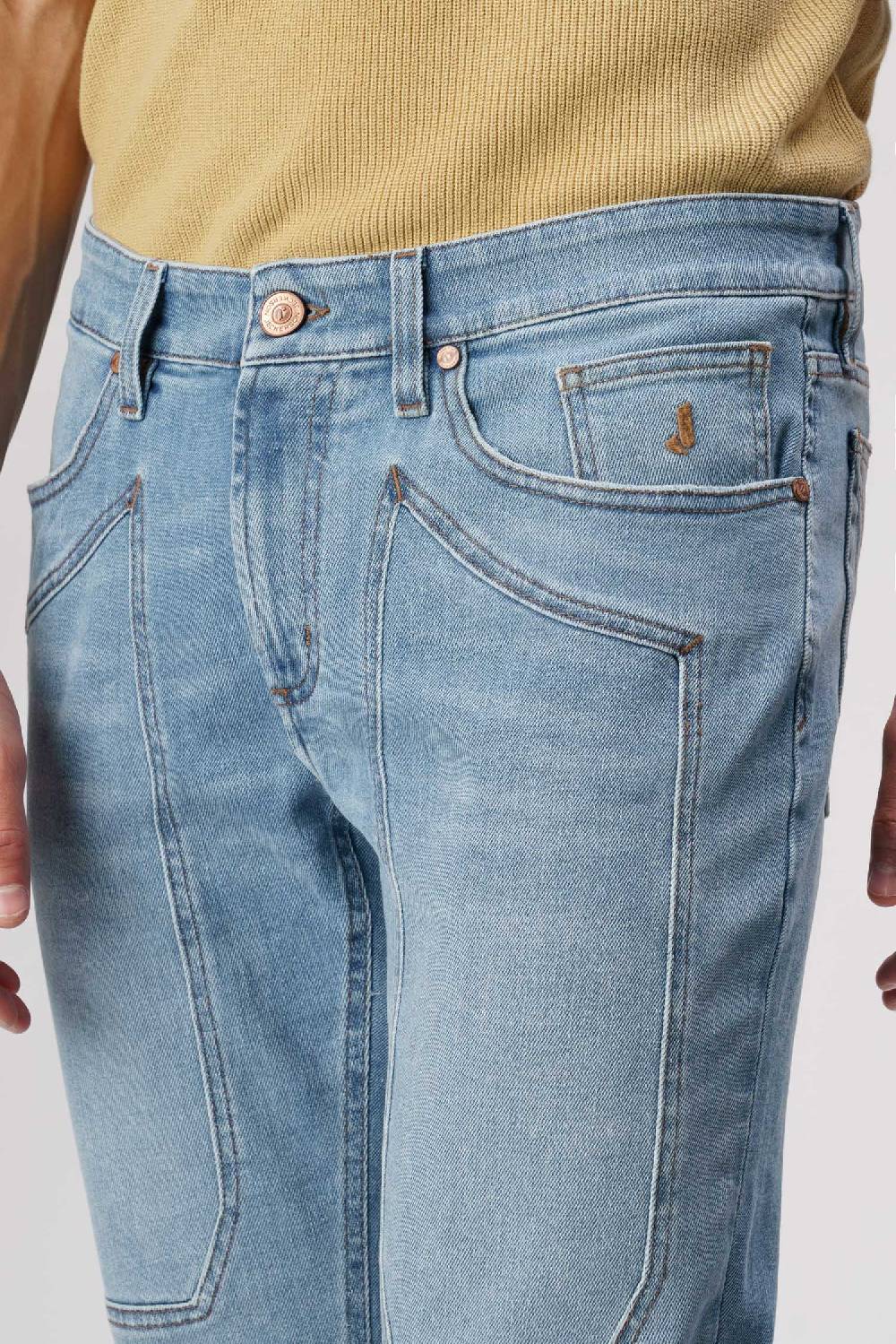 Jeckerson John - Pantalone con toppa in denim tri-blend blu medio chiaro no rotture Affare Del Giorno