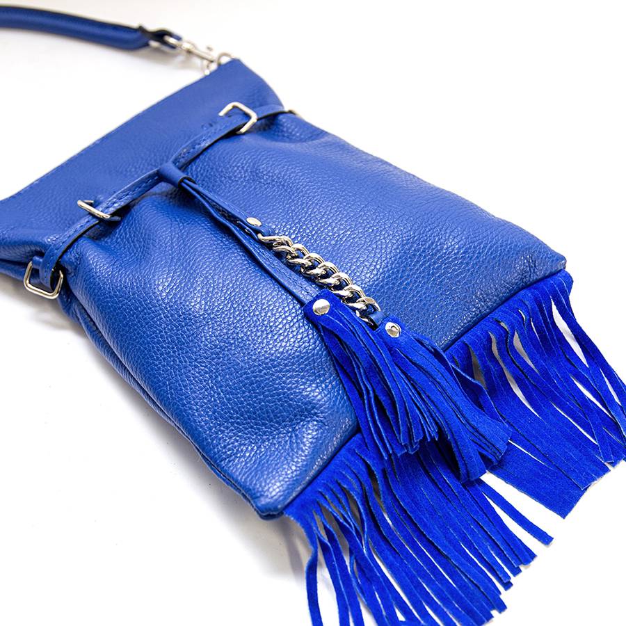 Laura Di Maggio LIMA – borsa sottile in pelle dollaro con frange blu In Vendita