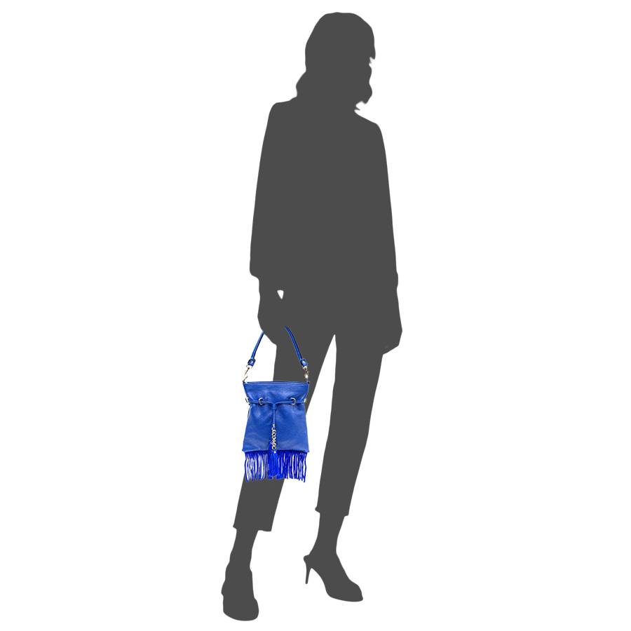 Laura Di Maggio LIMA – borsa sottile in pelle dollaro con frange blu In Vendita