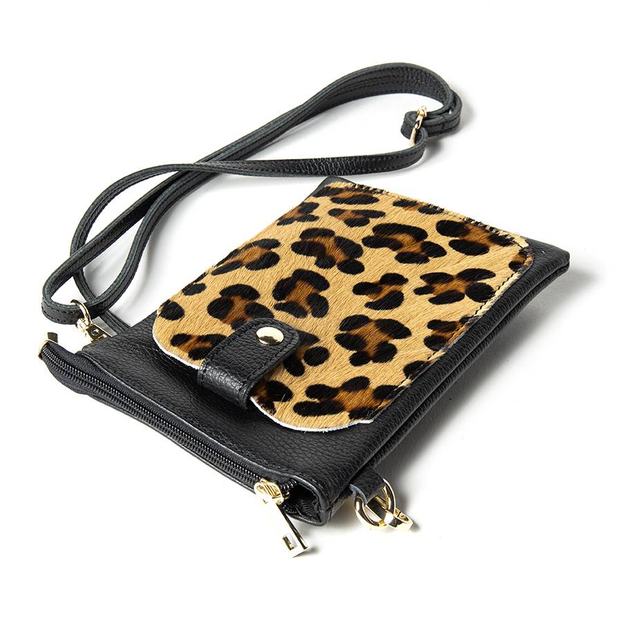 Laura Di Maggio TINY – Porta cellulare in pelle dollaro con cavallino stampa leopardata nero Saldi Di Fabbrica