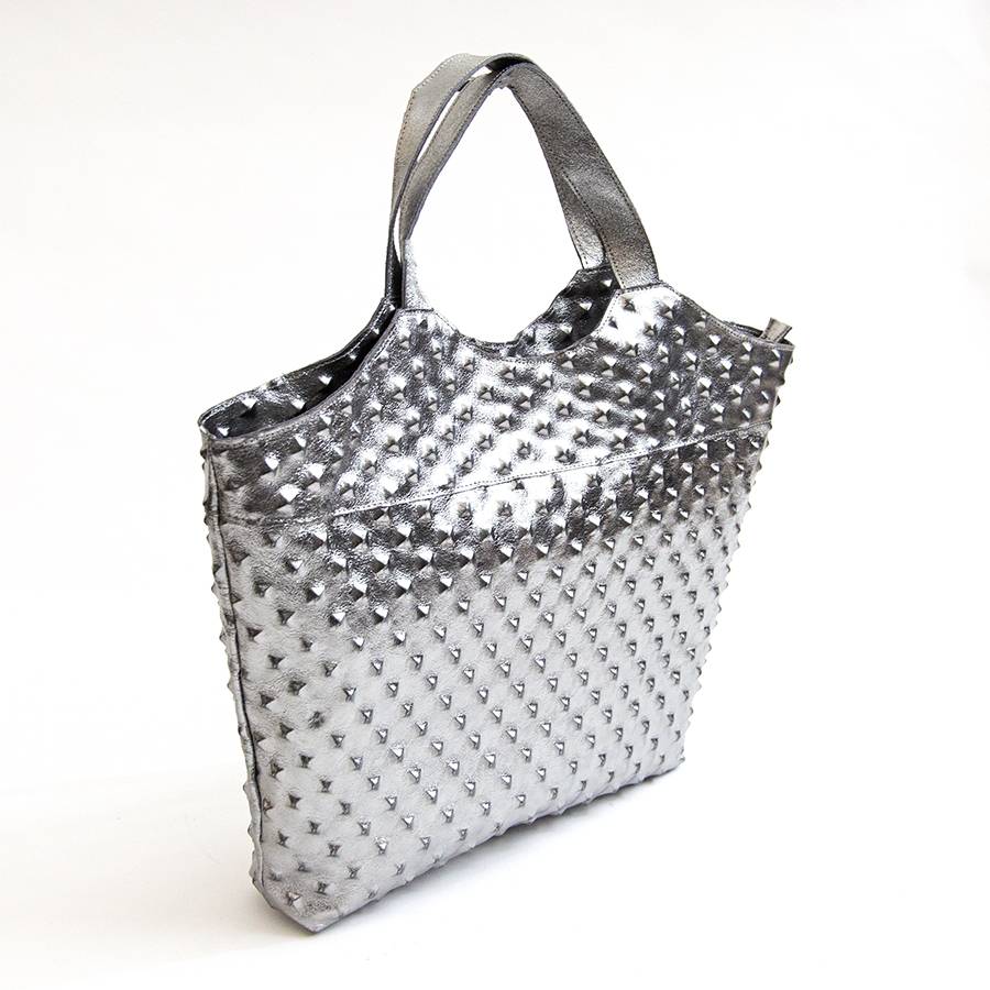 Laura Di Maggio ASTRID – Borsa in pelle laminata argento stampa chiodo Shopping Online