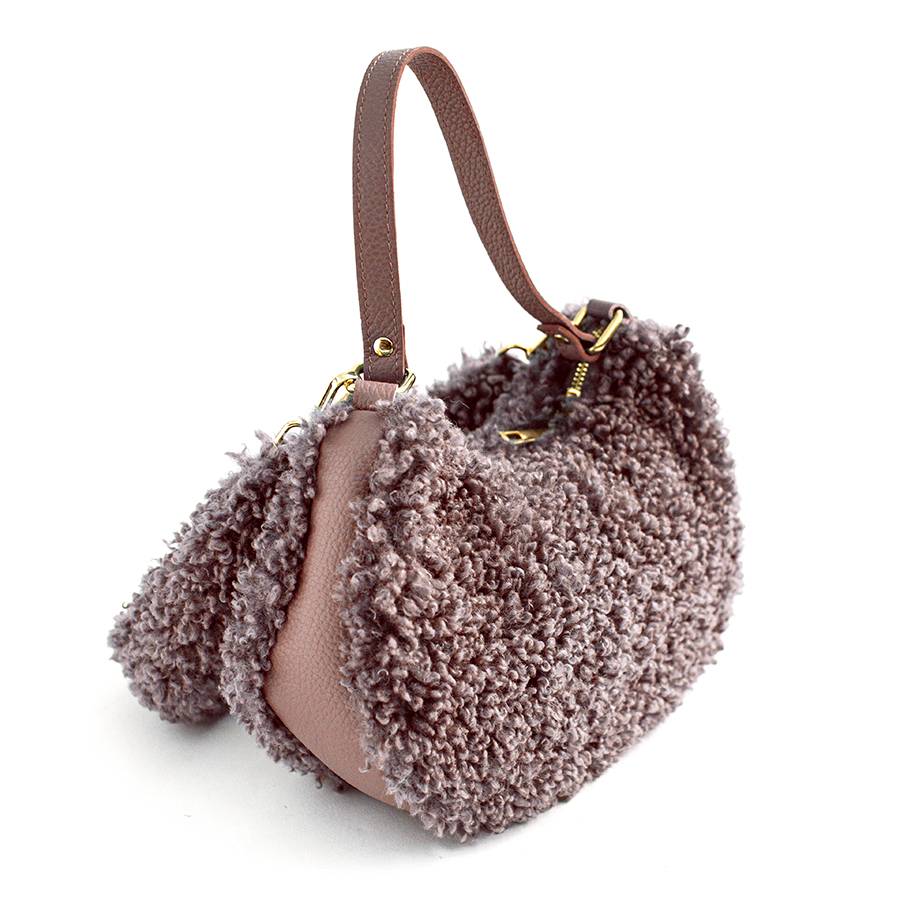 Laura Di Maggio BOUCLE’ MINI – sacca in pelle e pelliccia ecologica rosa In Vendita