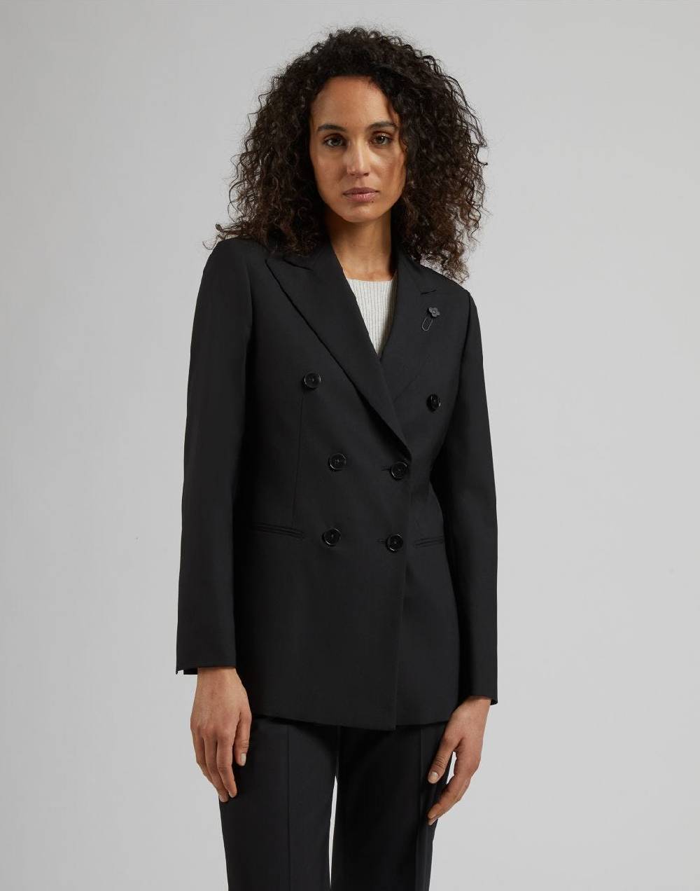 Lardini Blazer doppiopetto nero in tela di lana stretch In Vendita