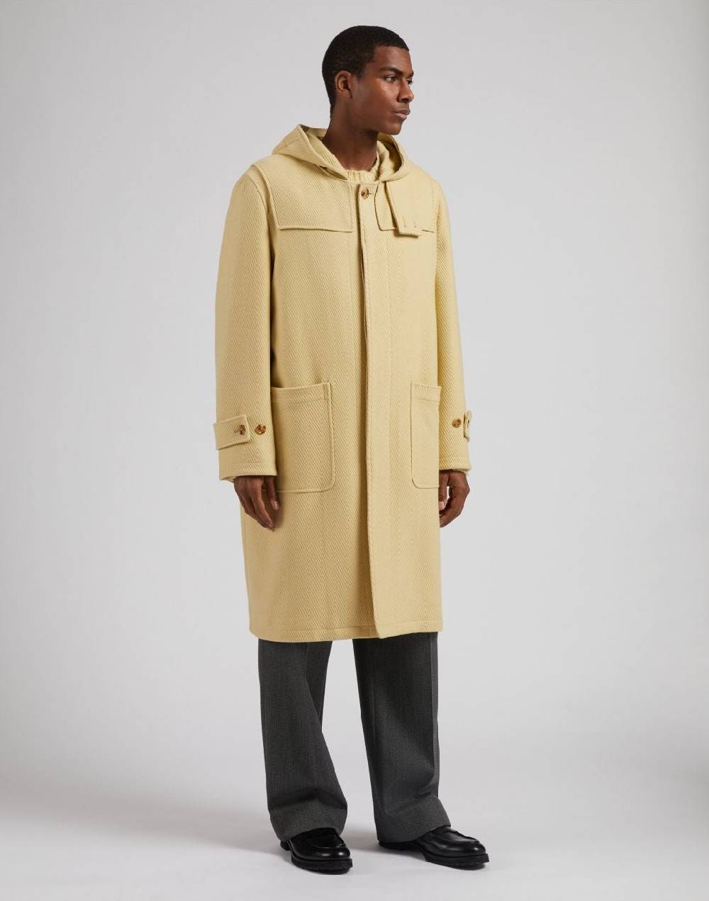 Lardini Montgomery con cappuccio in lana cashmere giallo pastello Vendita Calda