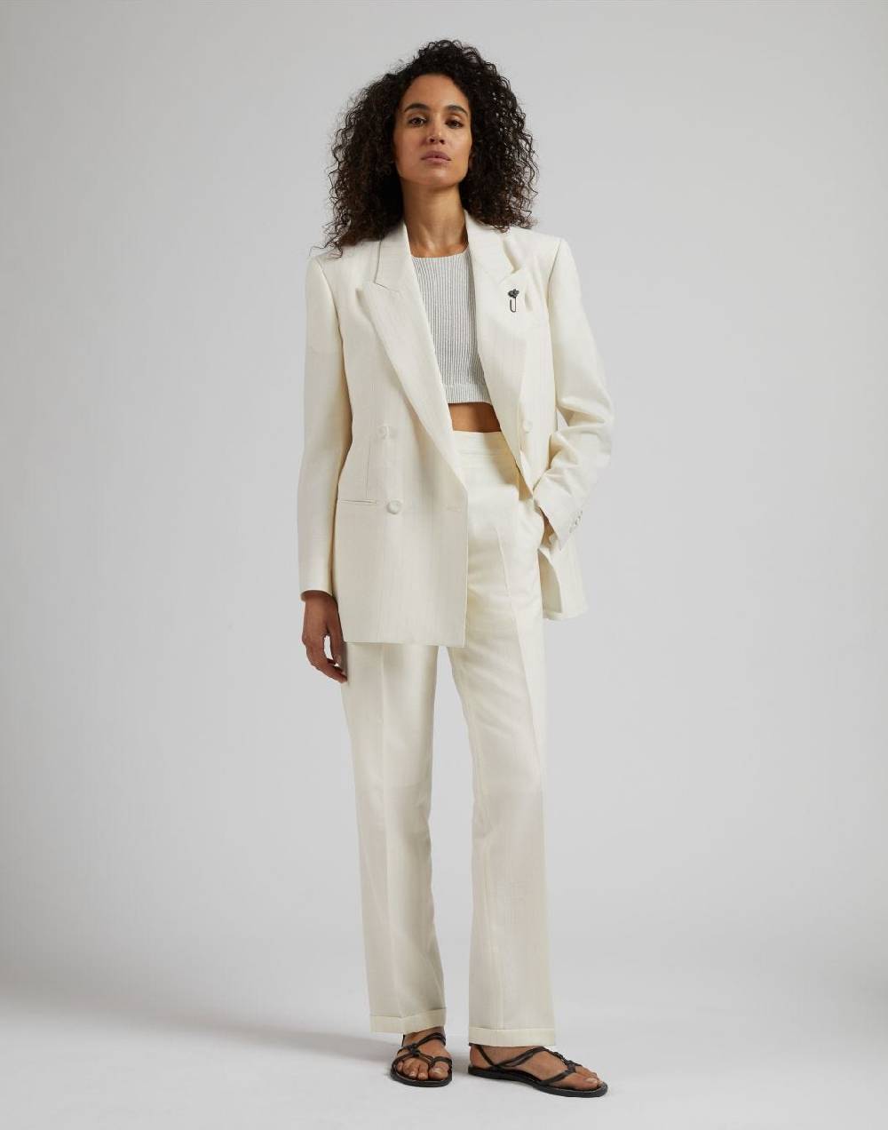 Lardini Pantalone in tela di lana gessata lurex bianco-argento Italy