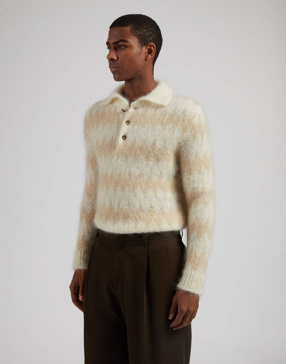 Lardini Polo bicolore a manica lunga in kid mohair bianco-beige Pezzi Unici