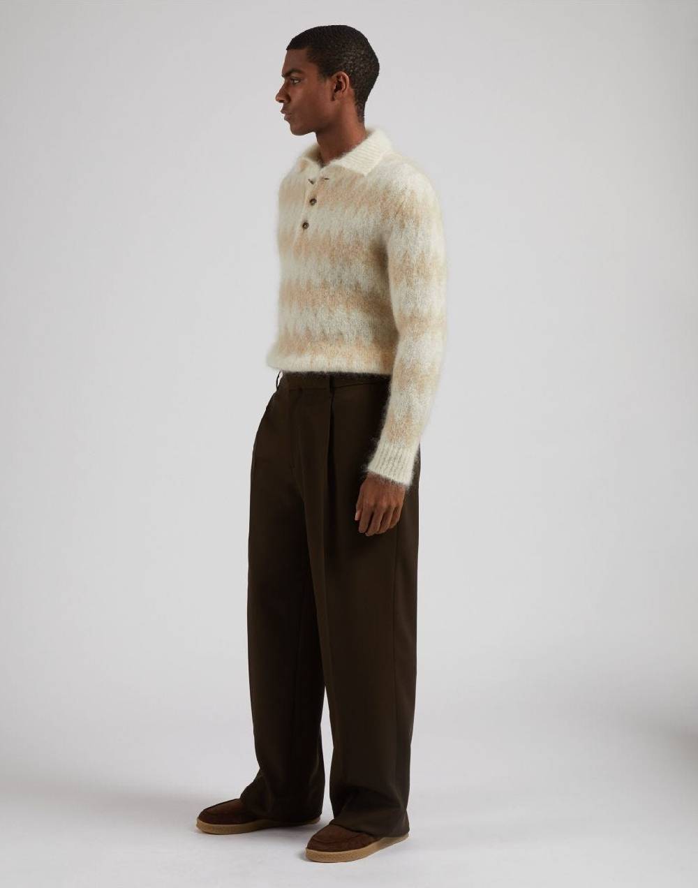 Lardini Polo bicolore a manica lunga in kid mohair bianco-beige Pezzi Unici