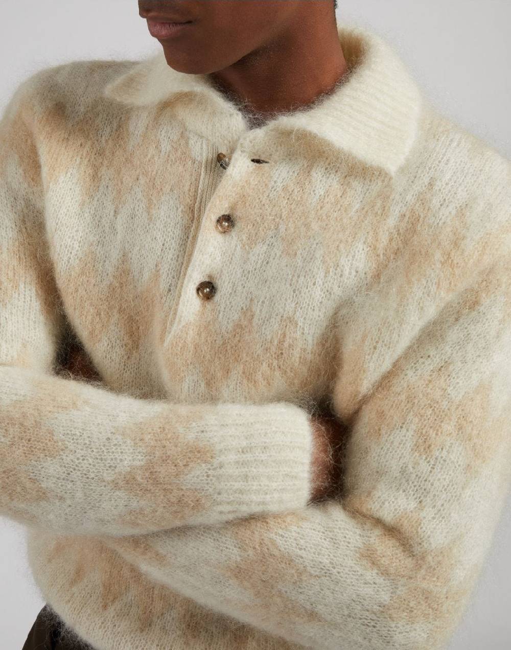 Lardini Polo bicolore a manica lunga in kid mohair bianco-beige Pezzi Unici