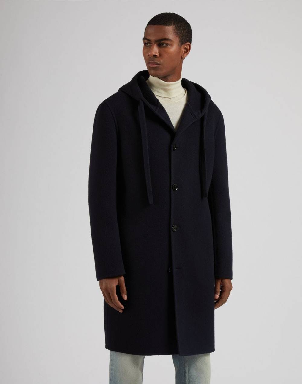 Lardini Cappotto monopetto blu in lana con cappuccio e coulisse Acquista Ora