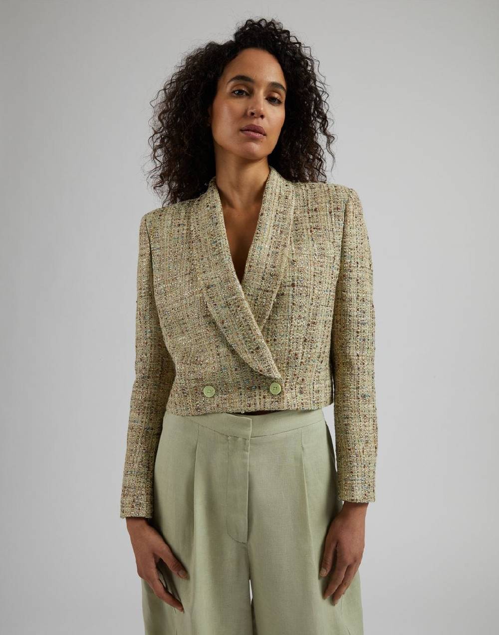 Lardini Giacca corta in tweed di cotone verde intrecciato lurex Italia