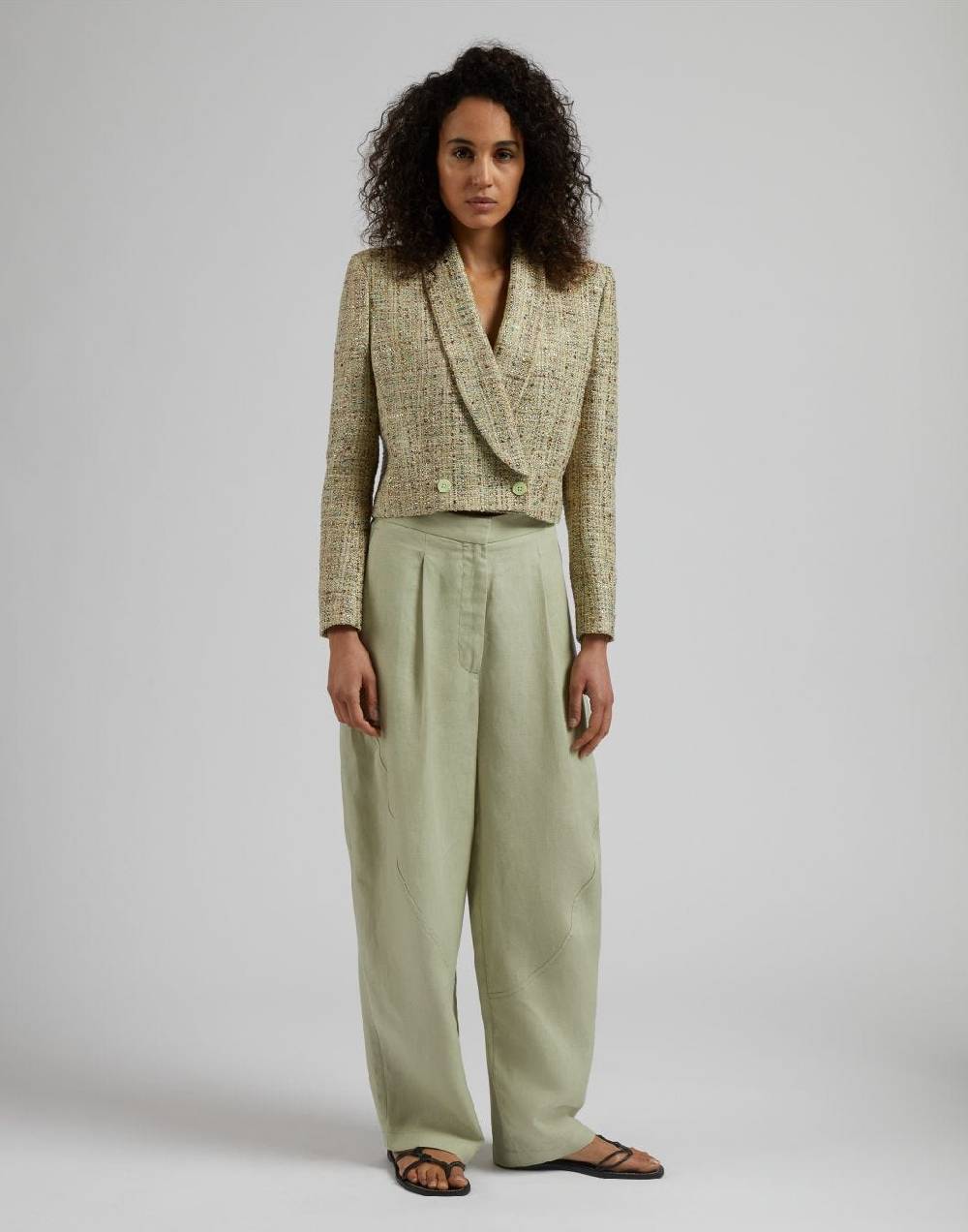 Lardini Giacca corta in tweed di cotone verde intrecciato lurex Italia