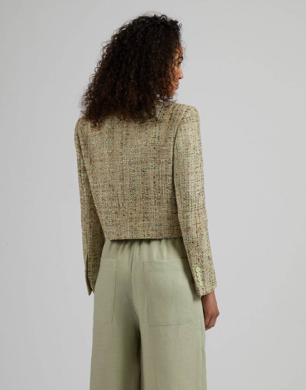 Lardini Giacca corta in tweed di cotone verde intrecciato lurex Italia