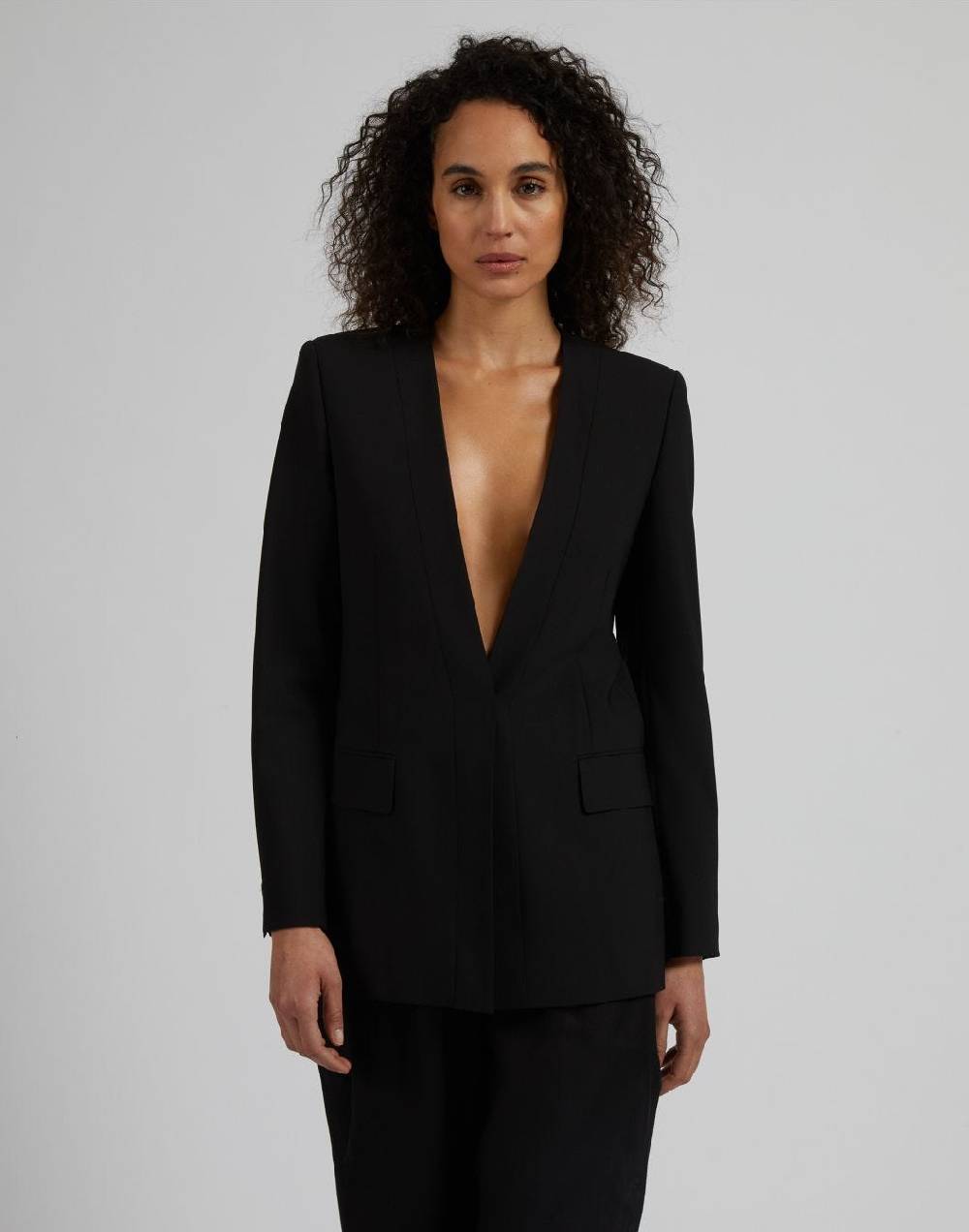 Lardini Giacca monopetto senza collo in tela di lana stretch nera In Linea