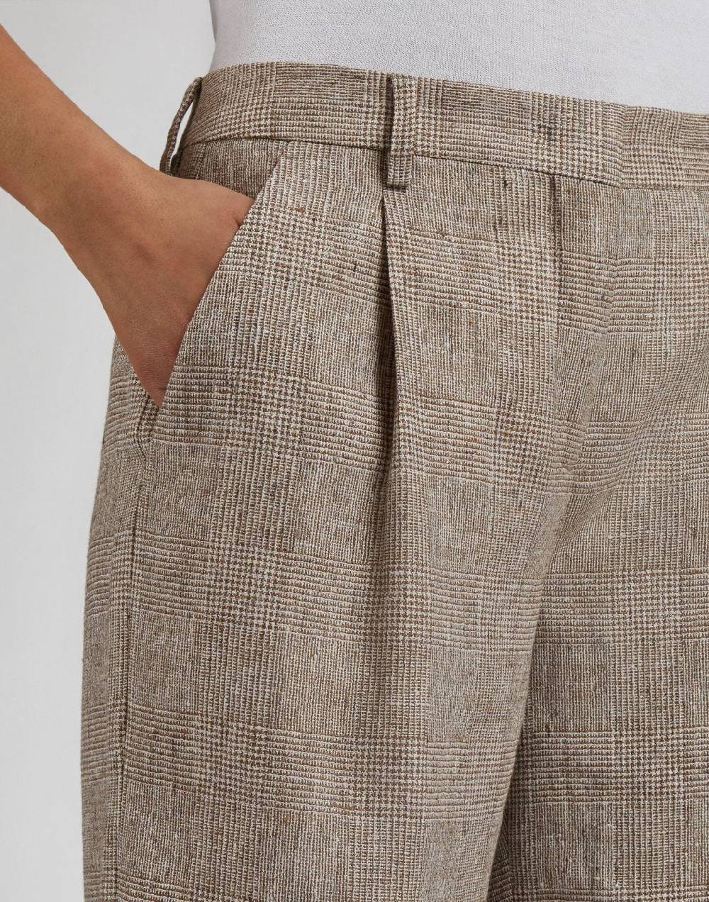 Lardini Pantalone in lino marrone con disegno galles Nuovo