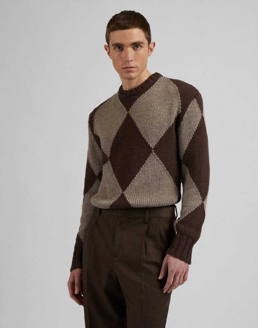 Lardini Maglia girocollo marrone con intarsio bicolore nocciola Consegna Veloce