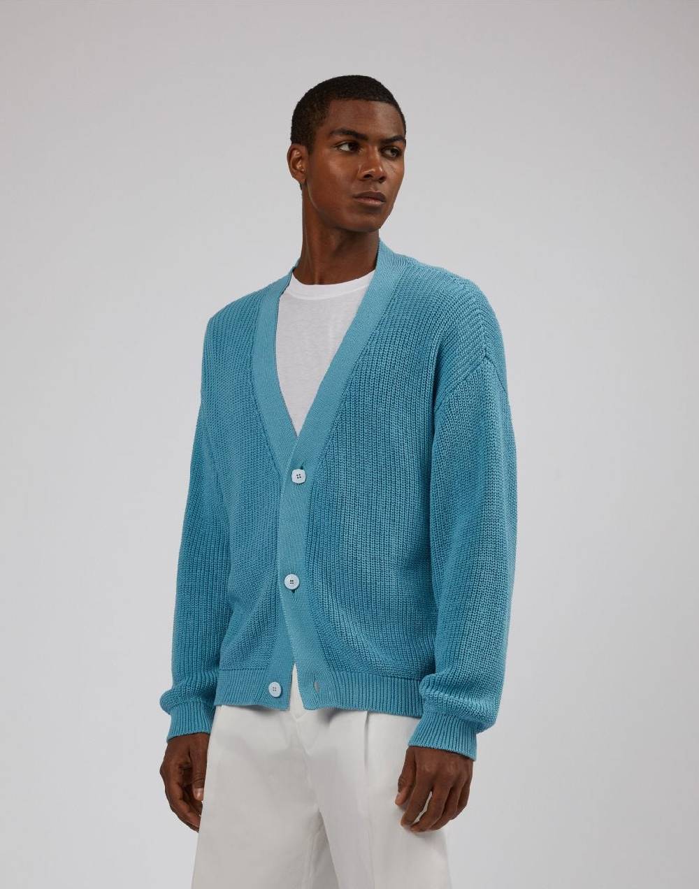 Lardini Cardigan azzurro in cotone crêpe a coste Pezzi Unici