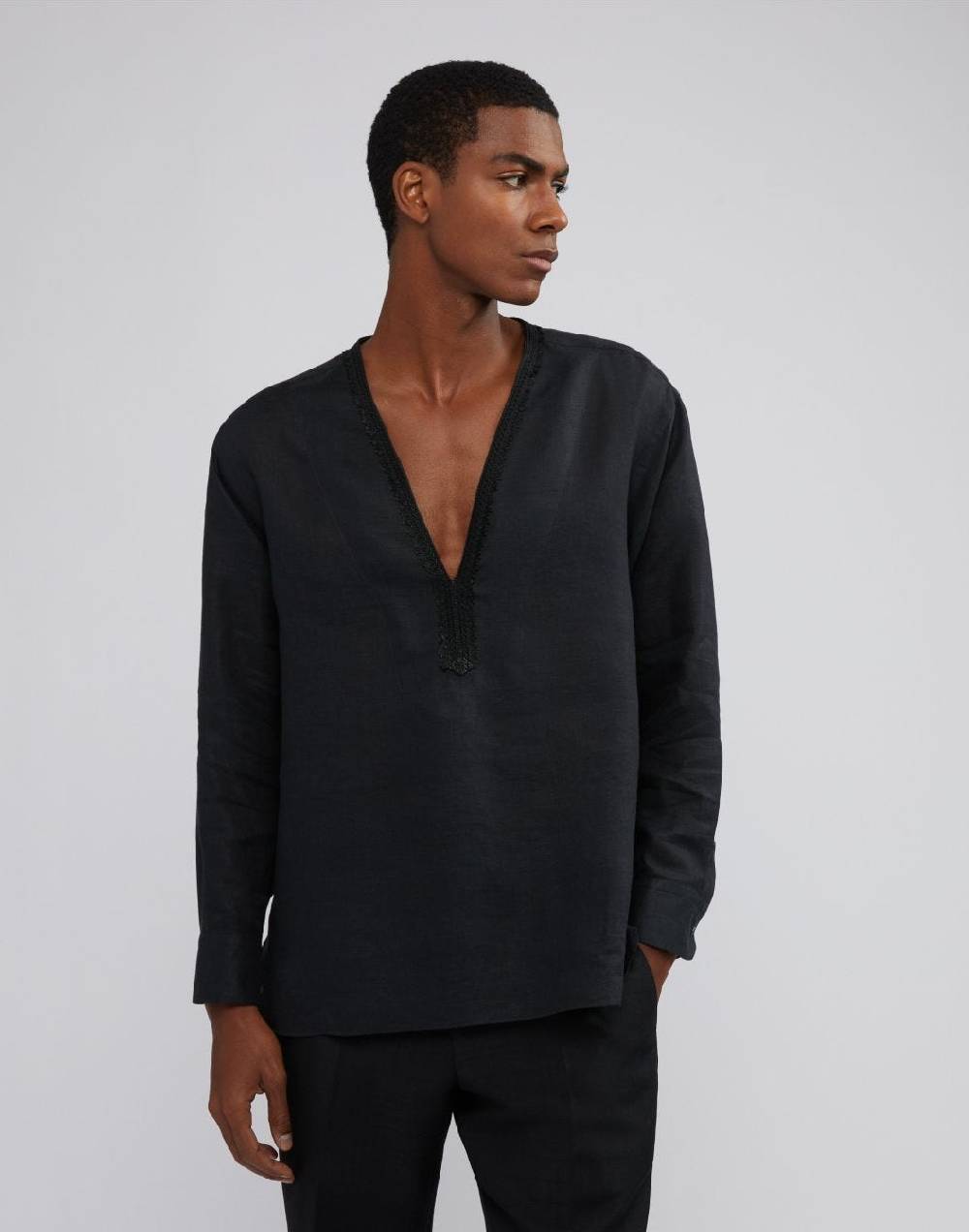 Lardini Camicia in tela di lino nera senza collo Qualità