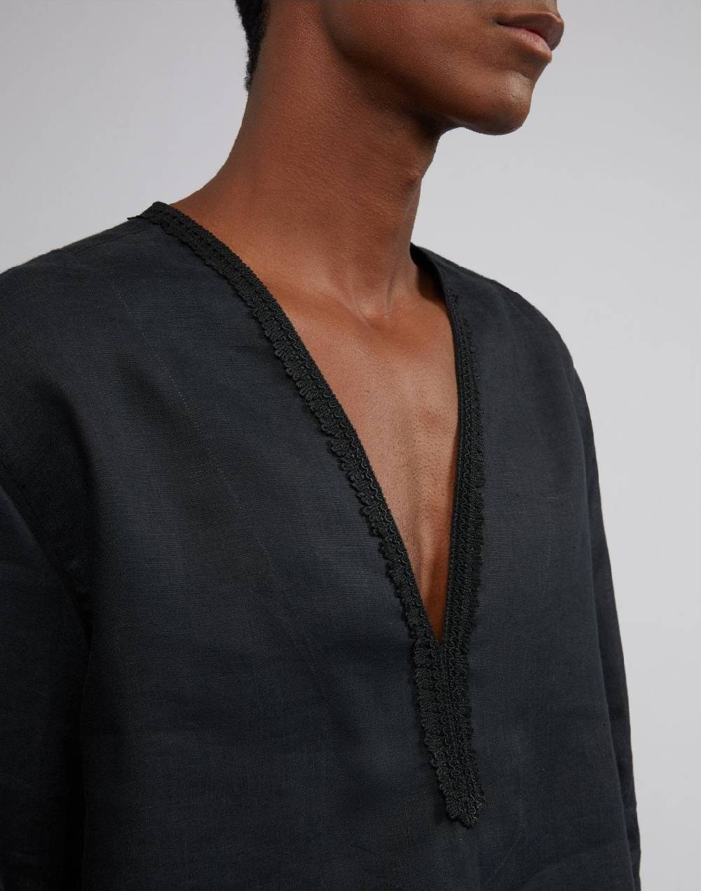 Lardini Camicia in tela di lino nera senza collo Qualità