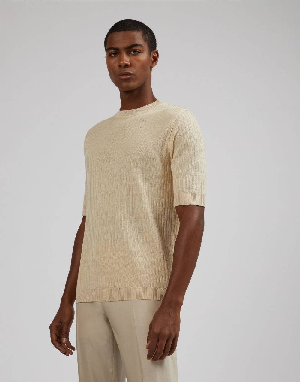 Lardini T-shirt panna in lino e cotone con lavorazione a coste In Saldo