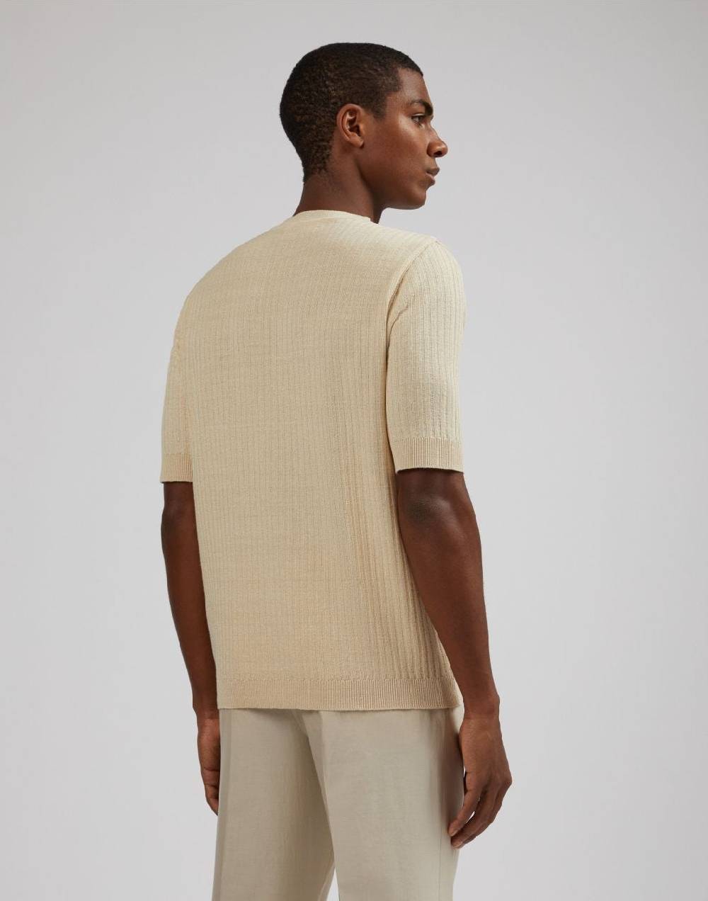 Lardini T-shirt panna in lino e cotone con lavorazione a coste In Saldo