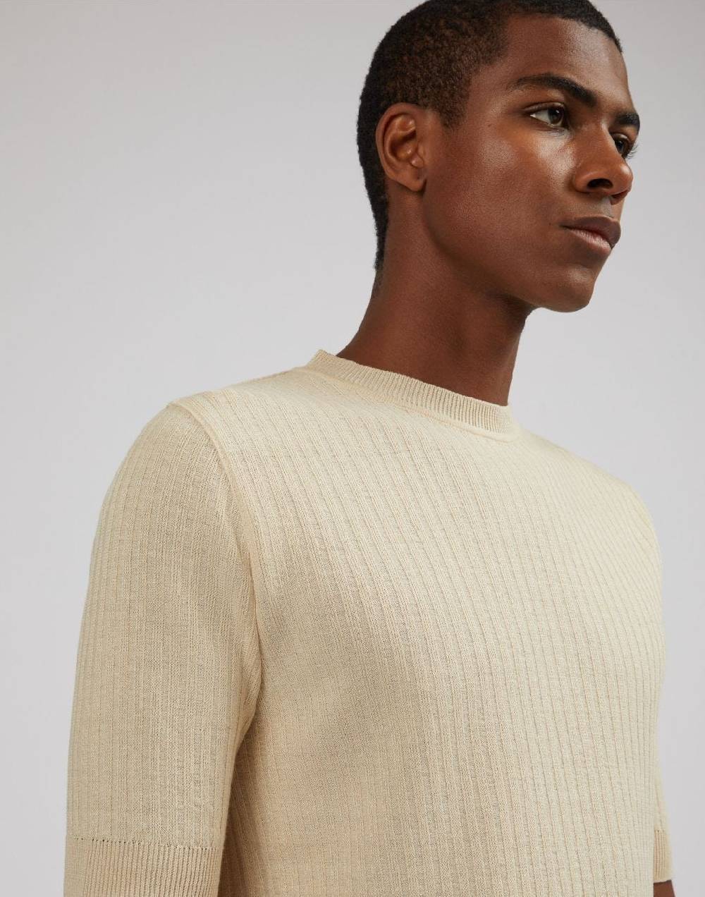 Lardini T-shirt panna in lino e cotone con lavorazione a coste In Saldo