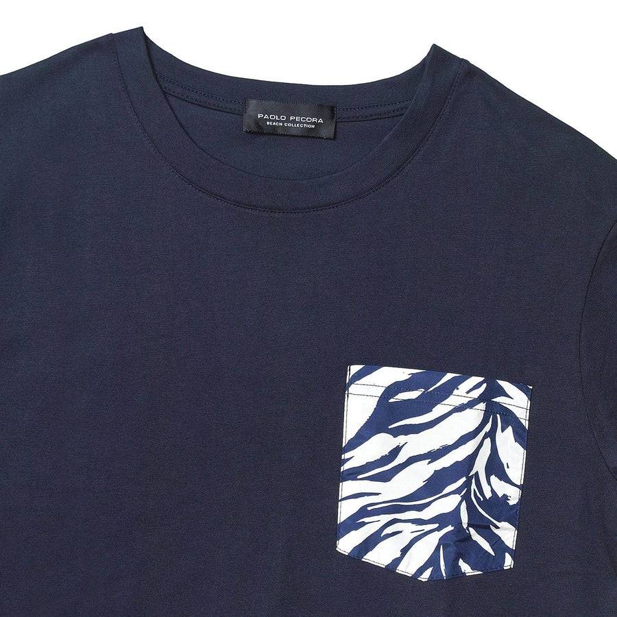 Paolo Pecora T-Shirt Blue Navy con Taschino Fantasia Foglia Saldi