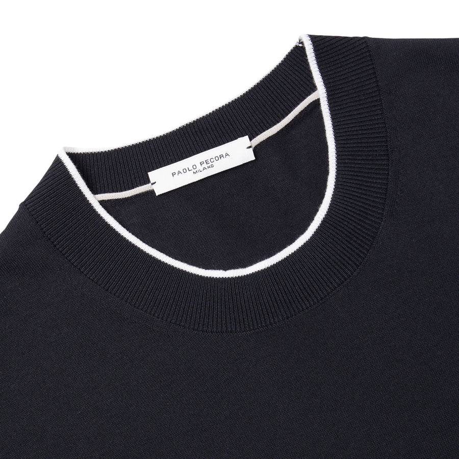 Paolo Pecora Maglia Girocollo in Cotone Extrafine - Nero con Dettagli Bianchi Convenienza