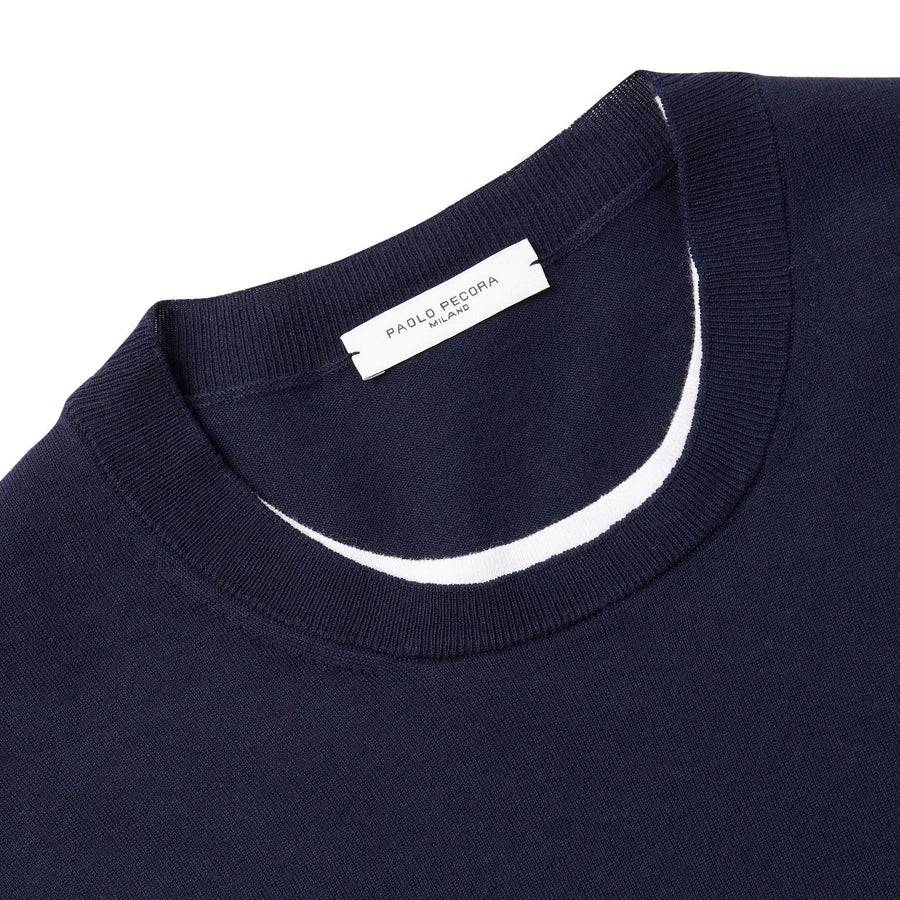 Paolo Pecora Maglia Girocollo in Puro Cotone Extrafine - Blu Navy con Dettagli Bianchi Outlet