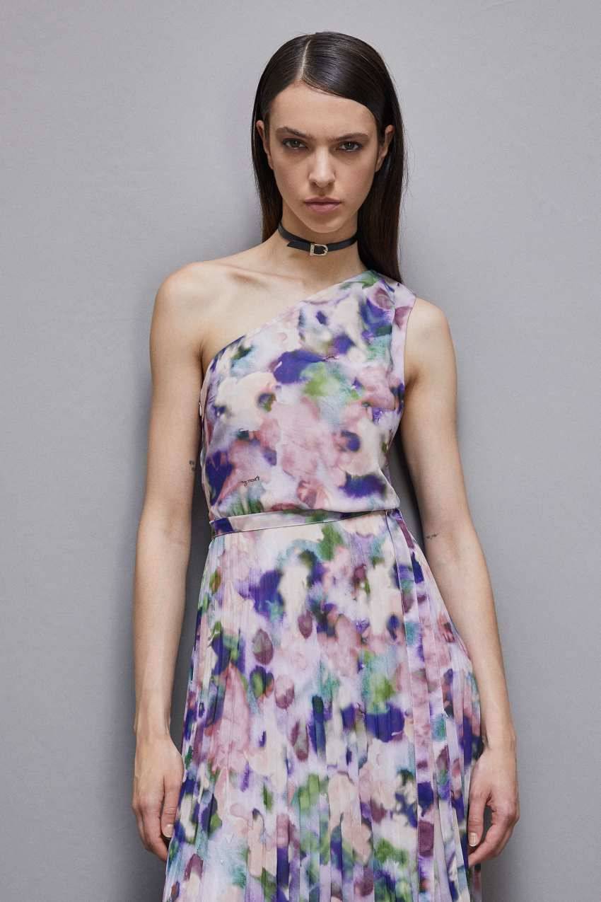 Patrizia Pepe Abito plissè monospalla in chiffon Nuovo