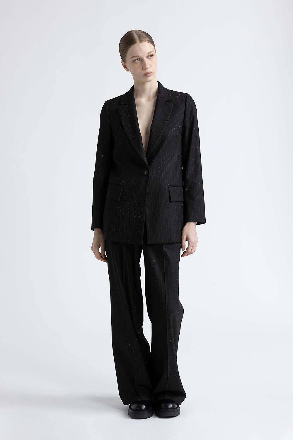 Peserico Blazer monopetto in flanella gessata di viscosa con strass Vendita Economica