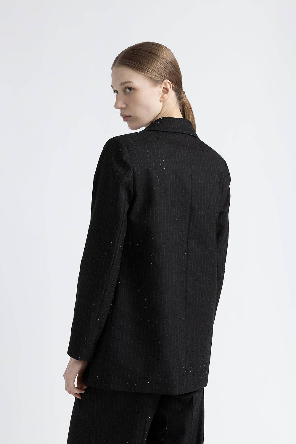 Peserico Blazer monopetto in flanella gessata di viscosa con strass Vendita Economica