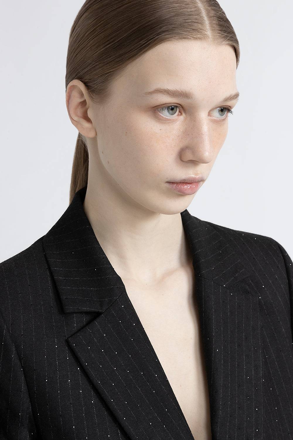 Peserico Blazer monopetto in flanella gessata di viscosa con strass Vendita Economica