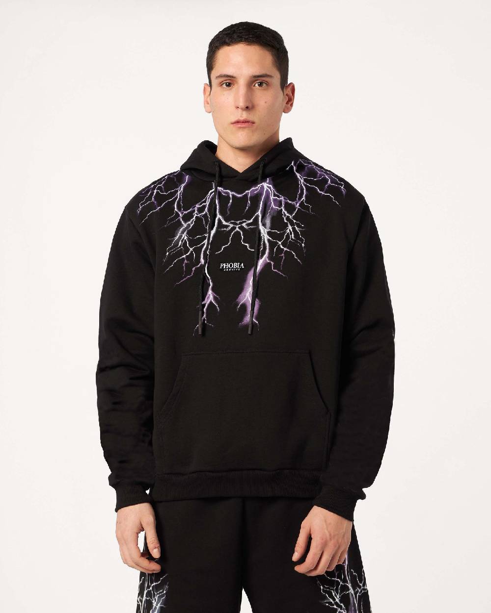 Phobia Archive FELPA CON CAPPUCCIO NERA CON FULMINI VIOLA GRIGIO FUCHSIA Vendite Flash
