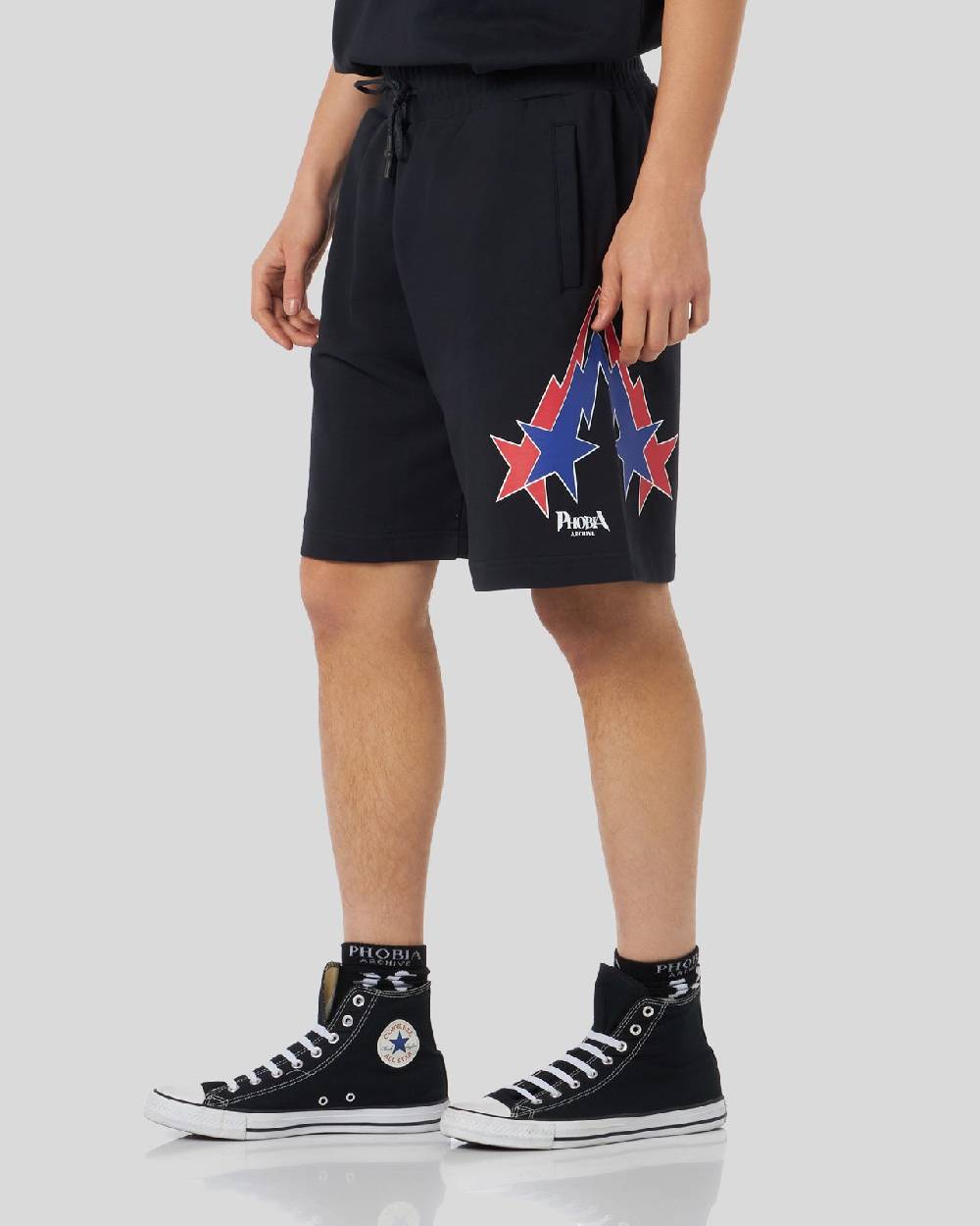 Phobia Archive PANTALONCINO NERO CON GRAFICA STARRY LIGHTNING ROSSA E BLU Promozione Limitata
