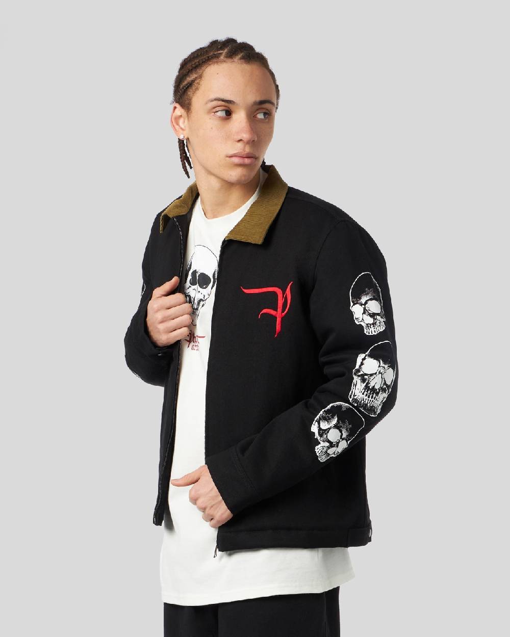 Phobia Archive GIACCA CARGO NERA CON GRAFICA TRIPLE SKULL BIANCA E LOGO GOTIC P Saldi