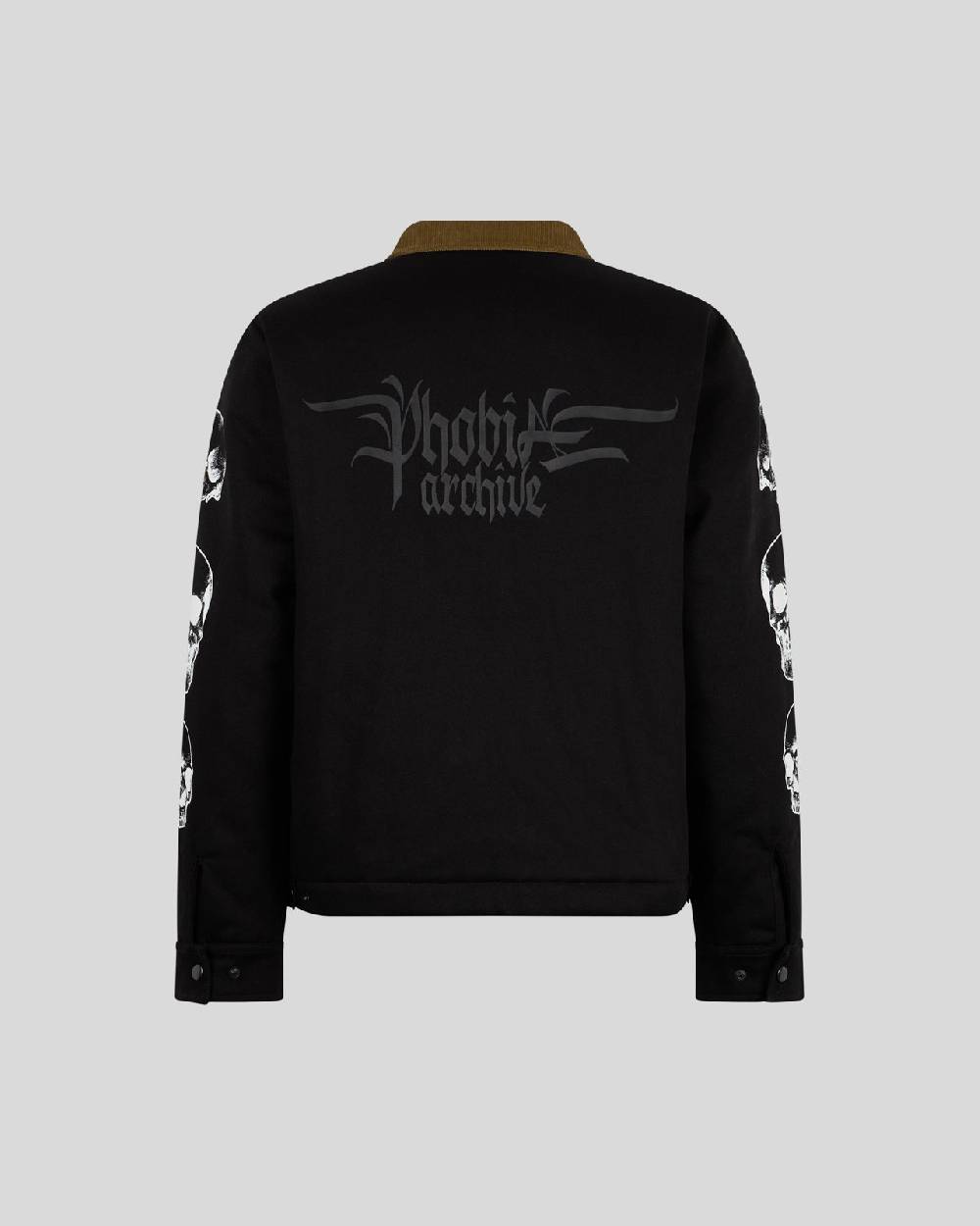 Phobia Archive GIACCA CARGO NERA CON GRAFICA TRIPLE SKULL BIANCA E LOGO GOTIC P Saldi