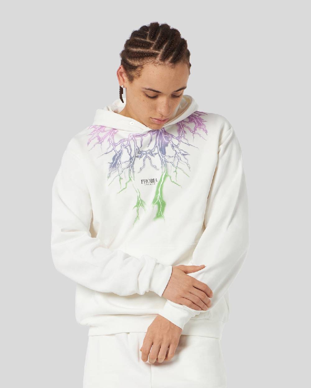 Phobia Archive FELPA BIANCA CON FULMINI BICOLORE VIOLA E VERDE Promozione Limitata