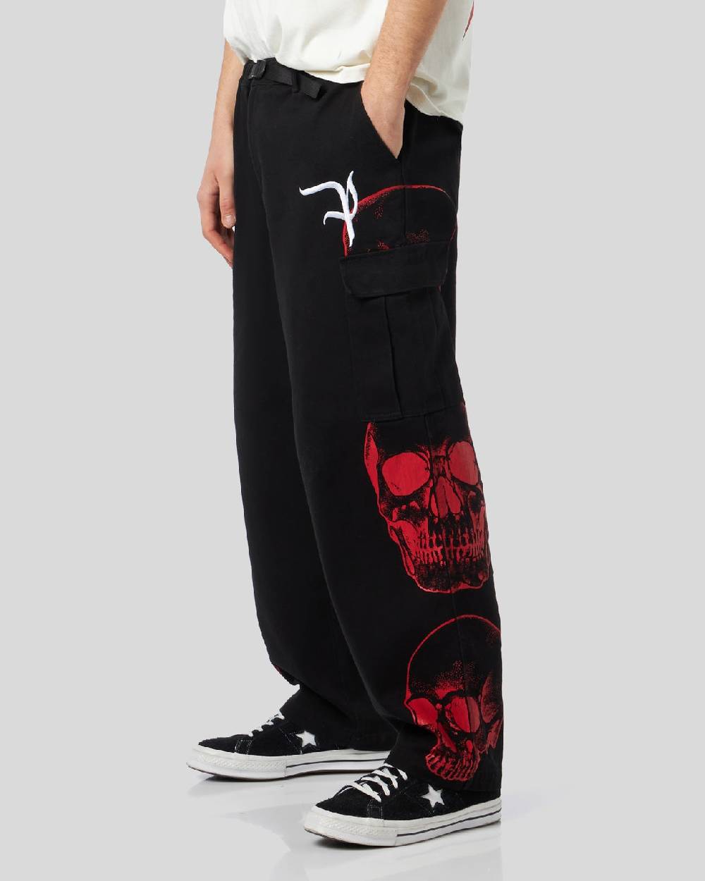 Phobia Archive PANTALONE CARGO NERO CON GRAFICA TRIPLE SKULL ROSSA E LOGO GOTIC P Outlet
