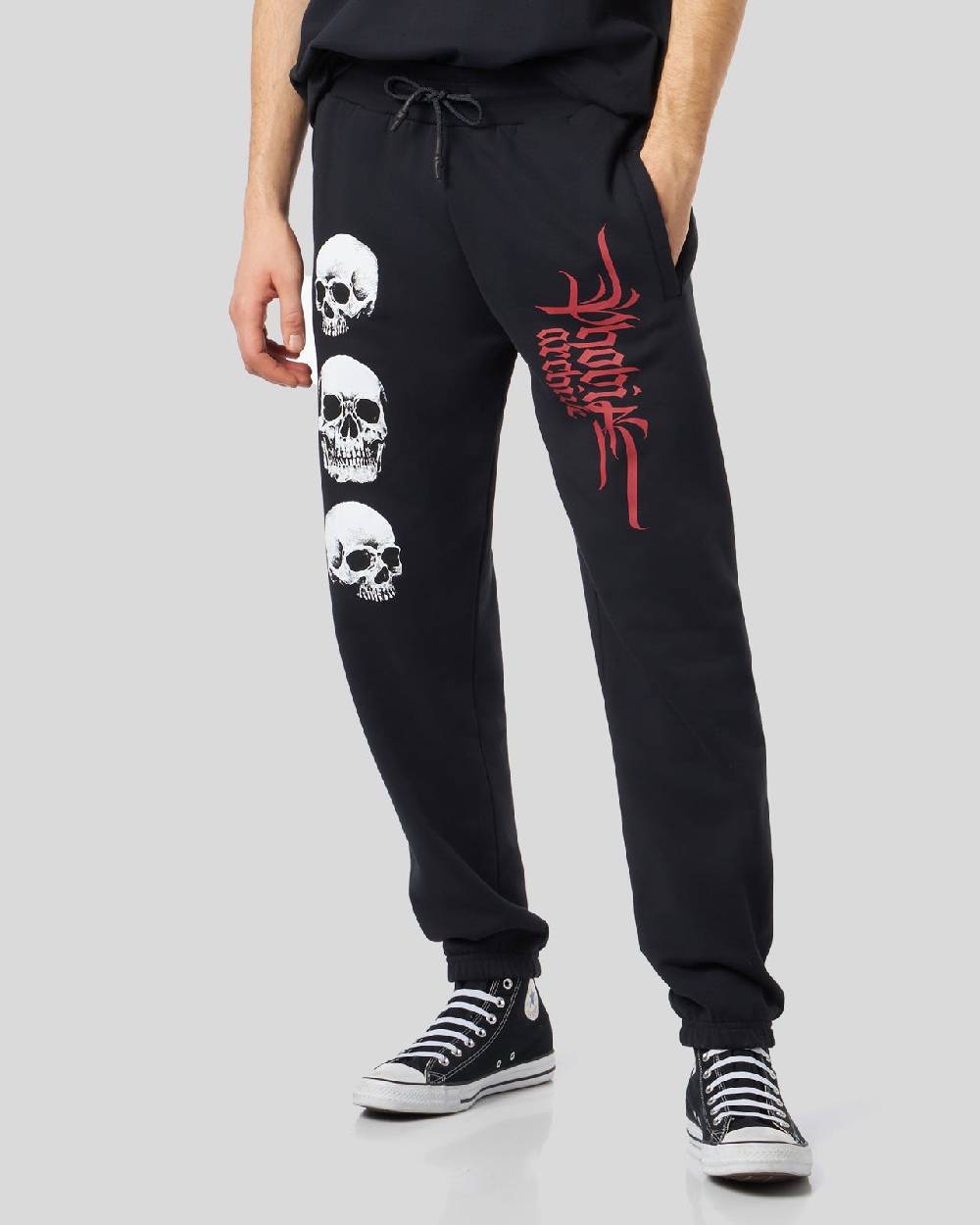 Phobia Archive PANTALONE NERO CON STAMPA TRIPLE SKULL ROSSA Online