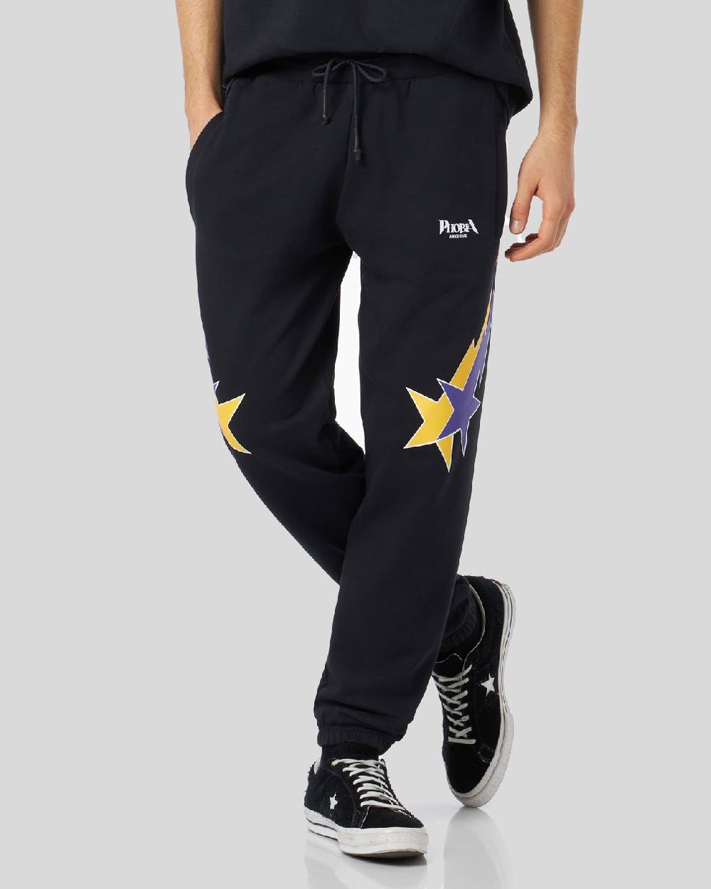 Phobia Archive PANTALONE NERO CON STAMPA STARRY LIGHTNING GIALLA E VIOLA Hotsell