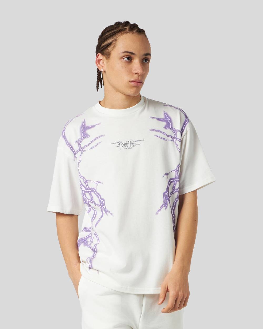 Phobia Archive T-SHIRT BIANCA CON FULMINE LATERALE VIOLA Vendita Economica