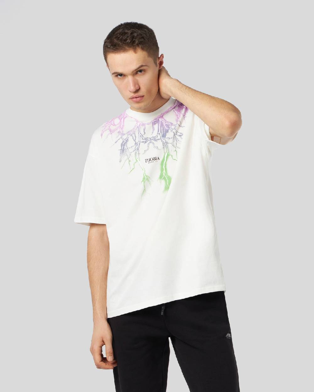 Phobia Archive T-SHIRT BIANCA CON FULMINI BICOLORE VIOLA E VERDE Nuova