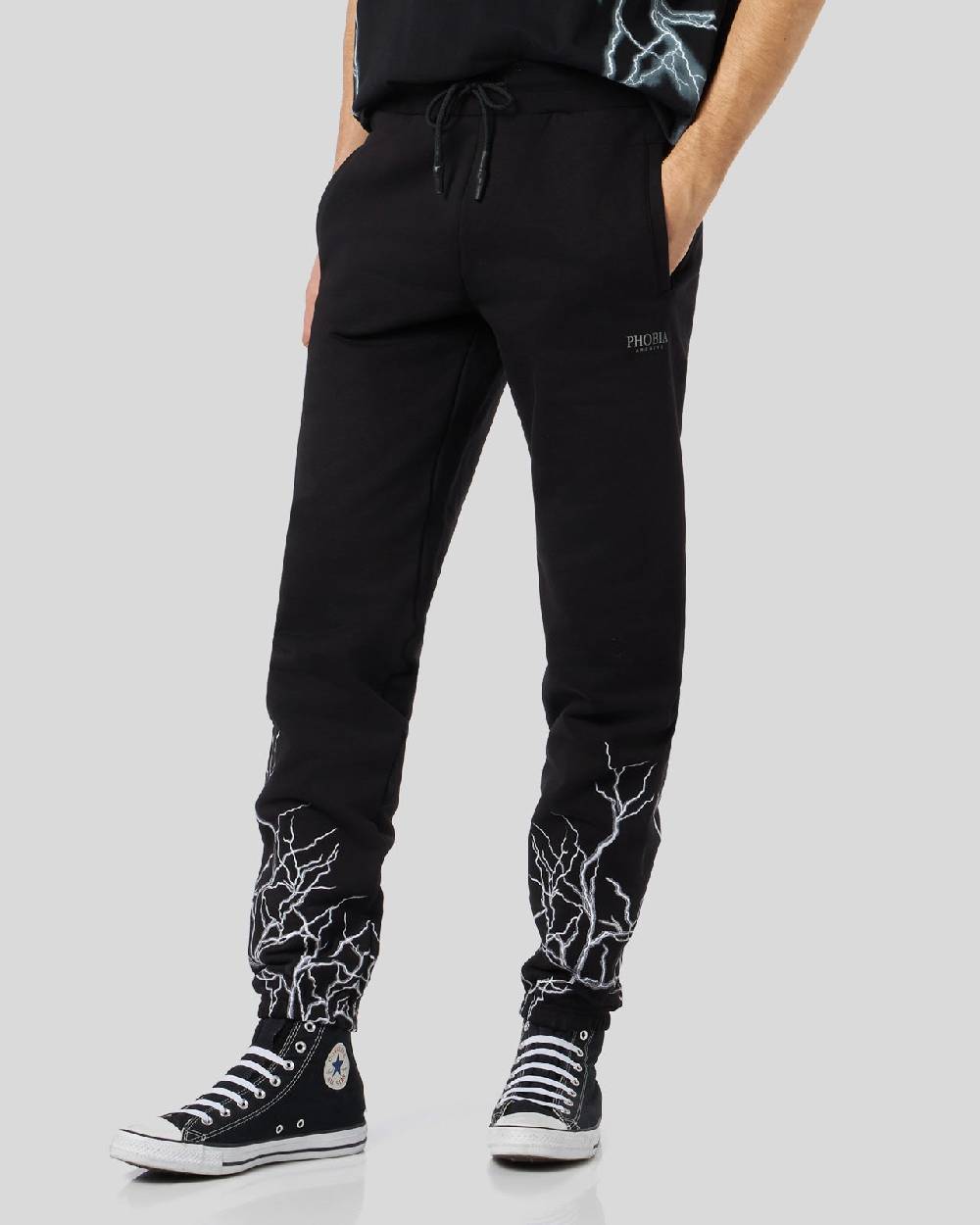 Phobia Archive PANTALONE NERO CON FULMINI RICAMATI GRIGI Consegna Veloce
