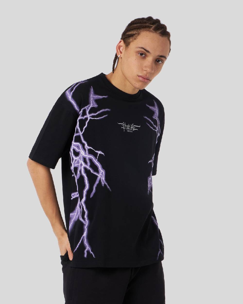 Phobia Archive T-SHIRT NERA CON FULMINI LATERALI VIOLA Shopping Online