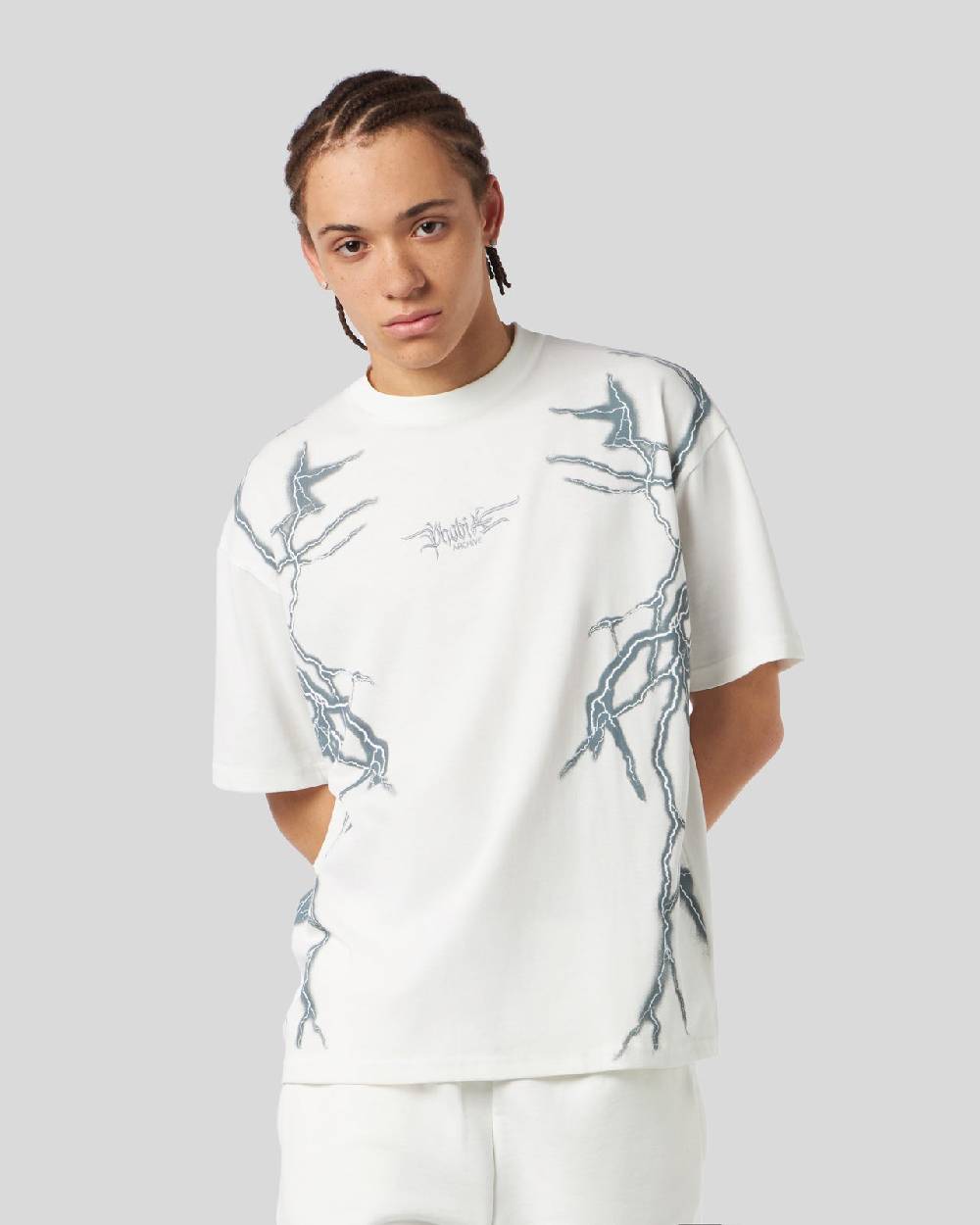 Phobia Archive T-SHIRT BIANCA CON FULMINI LATERALI GRIGI Affare Del Giorno