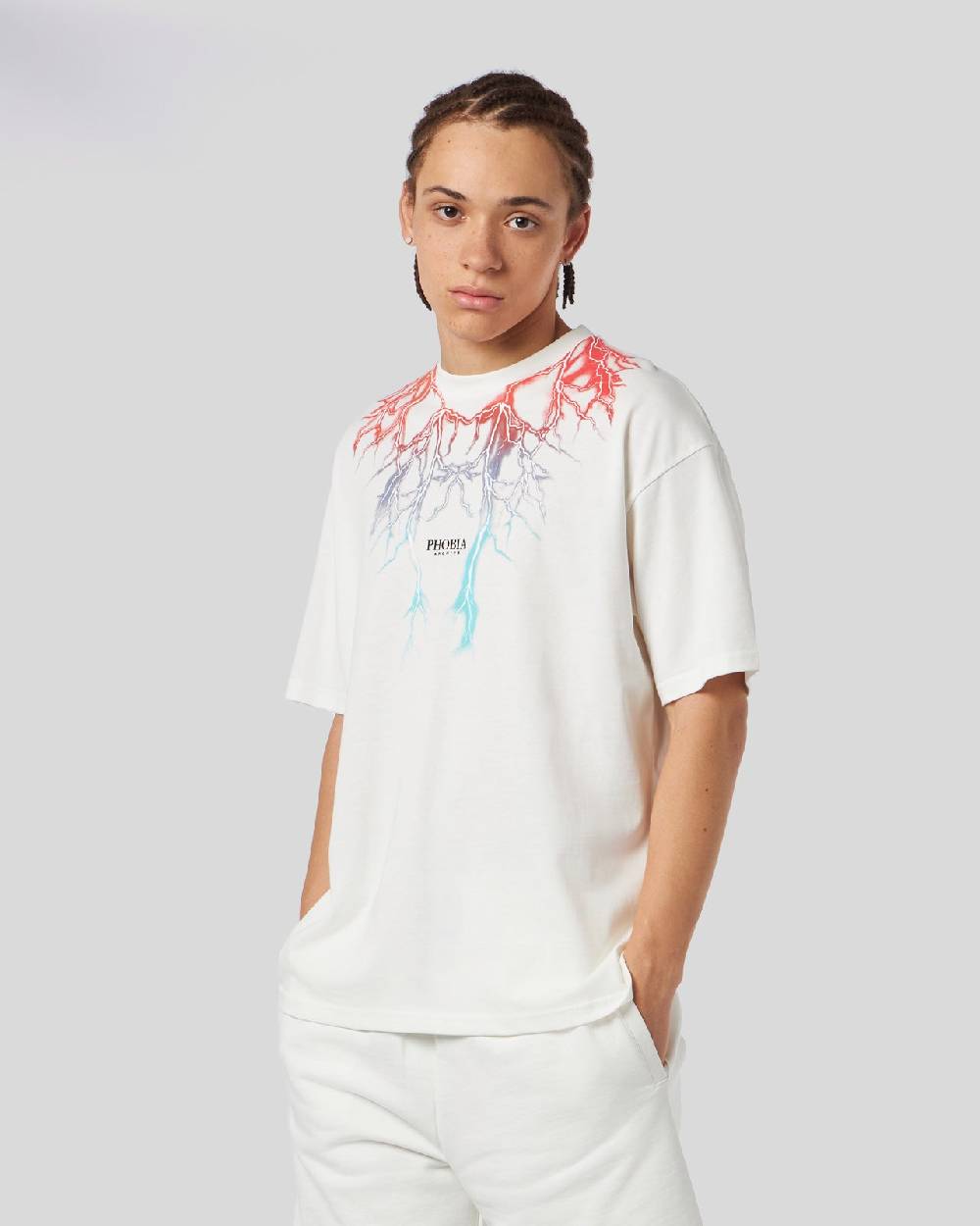 Phobia Archive T-SHIRT BIANCA CON FULMINI BICOLORE ROSSO E BLU Prezzo Ridotto
