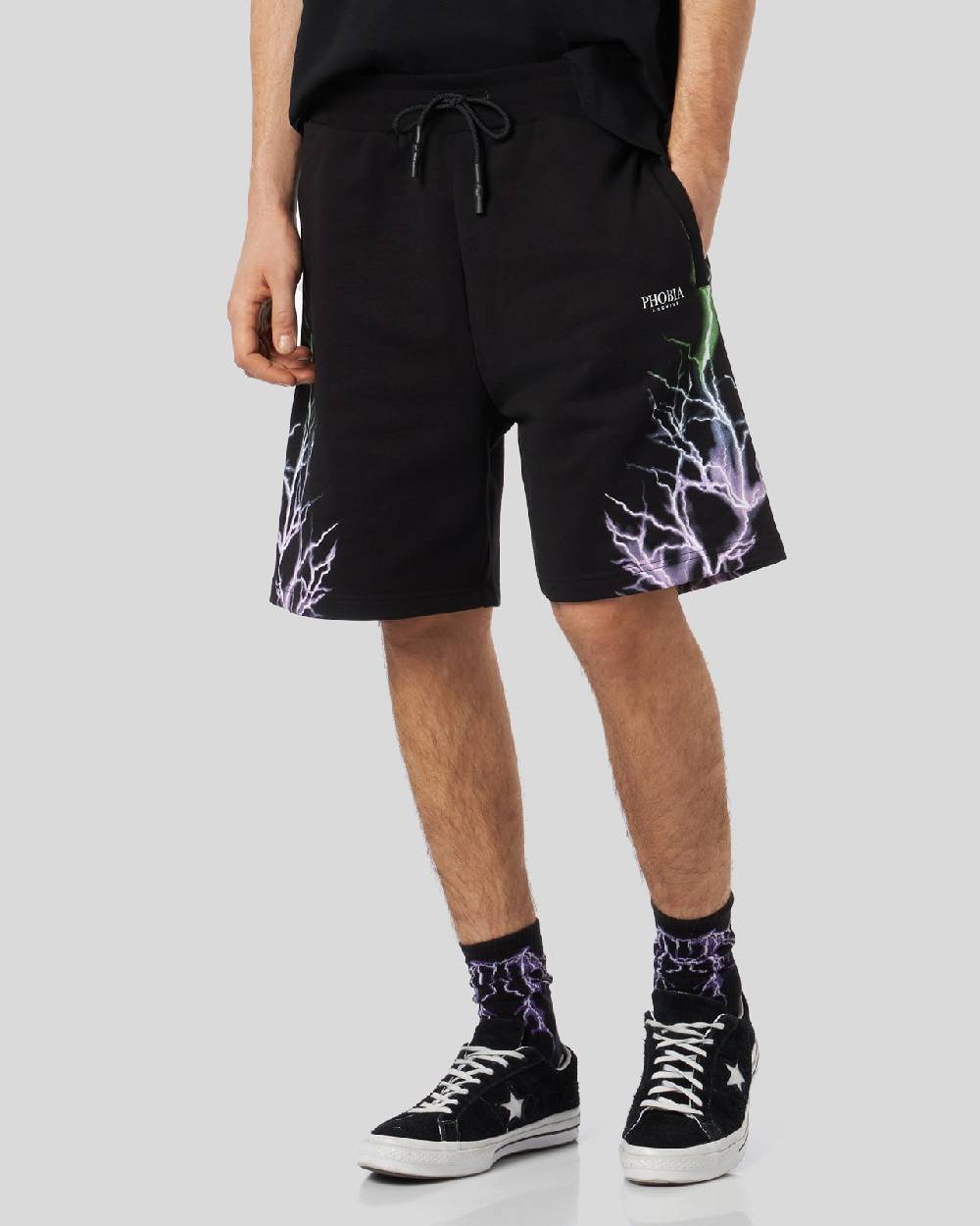 Phobia Archive PANTALONCINO NERO CON FULMINI BICOLORE VIOLA E VERDE Sottocosto
